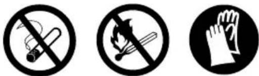 Three circular icons representing no smoking and firecrackers, with hand gesture indicating hand-wearing.