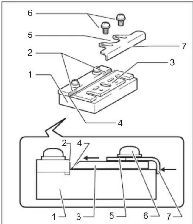 Technical diagram of a mechanical assembly with numbered components and directional arrows indicating movement or assembly.