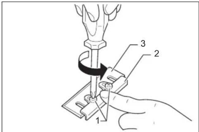 Diagram showing a hand using a tool to adjust or install a mechanical component, labeled with parts 1, 2, and 3.