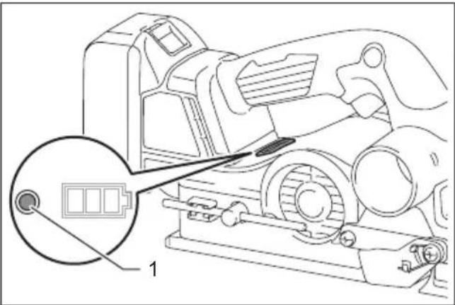 Technical diagram of a mechanical device with labeled component '1' and an inset showing a battery symbol.