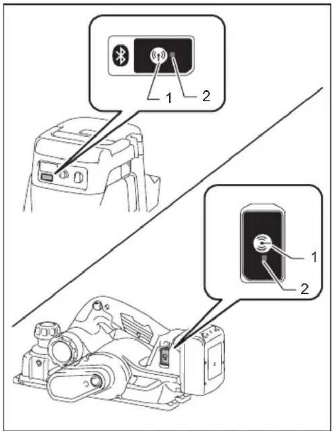 Diagram showing device components with labeled parts, including a Bluetooth switch and two connected devices with numbered labels.