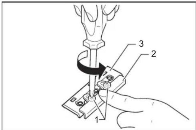 Technical diagram showing a hand operating a screwdriver with labeled parts 1, 2, and 3