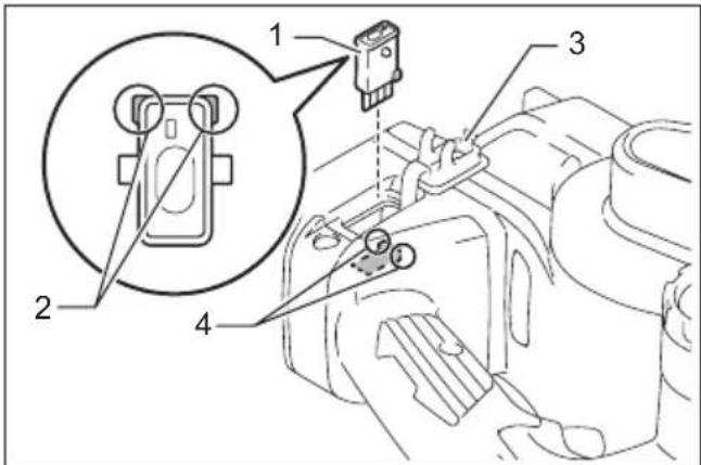 Technical diagram of a mechanical assembly with numbered components and an inset view showing a component labeled 1.