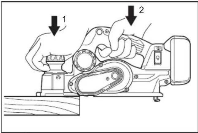 Technical diagram showing a hand operating a manual machine with labeled components and directional arrows indicating motion or assembly.