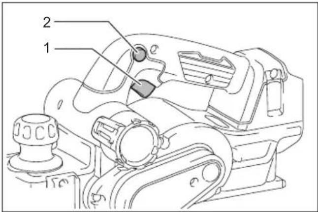 Technical diagram of a mechanical assembly with labeled parts 1 and 2