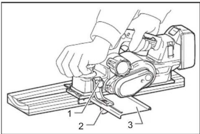 Technical diagram of a manual machine with labeled parts 1, 2, and 3