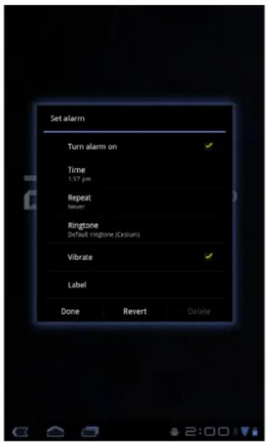 Set alarm Turn alarm on Time 1:57 pm Repeat Never Ringtone Default ringtone (Cirium) Vibrate Label Done Revert Delete