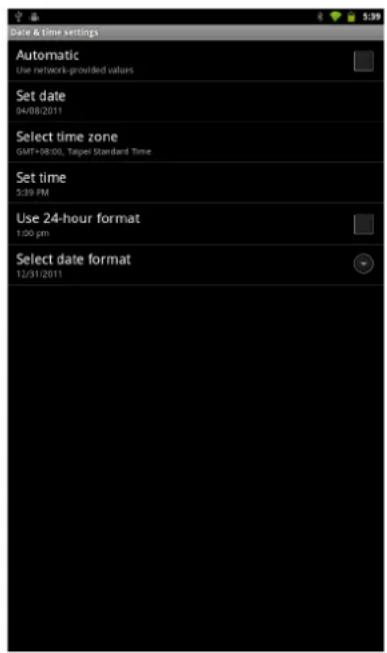 Date & time settings Automatic Use network-provided values Set date 04/08/2011 Select time zone GMT+98:00, Taipei Standard Time Set time 5:39 PM Use 24-hour format 1:00 pm Select date format 12/31/2011