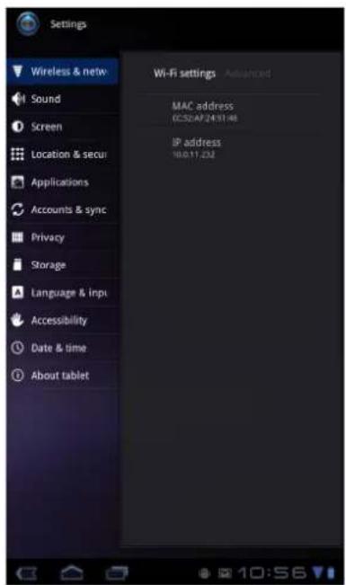Settings Wireless & netw Sound Screen Location & secur Applications Accounts & sync Privacy Storage Language & inpi Accessibility Date & time About tablet Wi-Fi settings Advanced MAC address 0256AP 24.31:48 IP address 10.0.17.232 10:56
