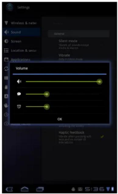 Settings Wireless & network Sound Screen Location & secure Applications Volume OK Haptic feedback Vibrate after pre-pressing soft kips and on screen UI Revel actions