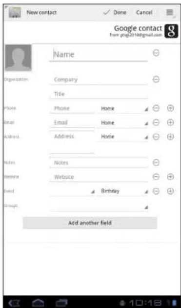New contact Done Cancel Google contact from psg2018@gmail.com Name Organization Company Title Phone Phone Home Email Email Home Address Address Home Notes Website Website Birthday Add another field
