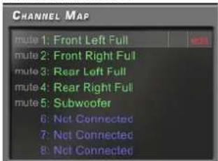 CHANNEL MAP mute 1: Front Left Full mute 2: Front Right Full mute 3: Rear Left Full mute 4: Rear Right Full mute 5: Subwoofer 6: Not Connected 7: Not Connected 8: Not Connected