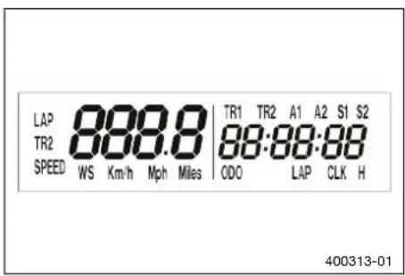 LAP 888.8 TR1 TR2 A1 A2 S1 S2 TR2 88:88:88 SPEED WS Km/h Mph Miles ODO LAP CLK H 400313-01