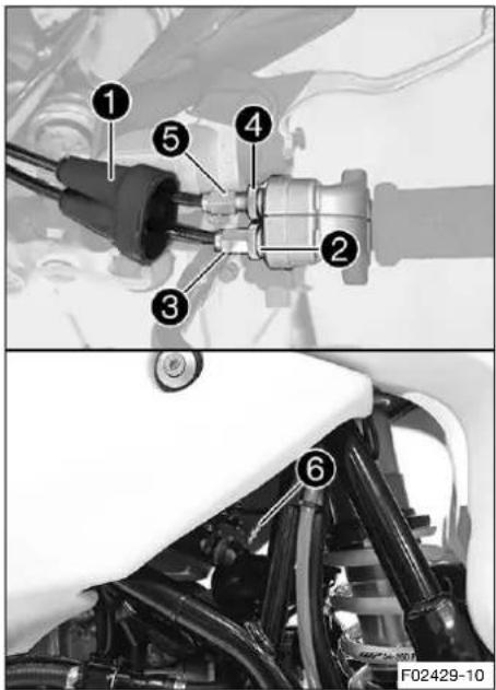 Technical diagram showing labeled components of a vehicle suspension system, with numbered parts and a close-up view of the engine.