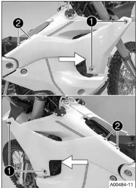 Technical diagram of a white motorcycle frame with numbered annotations indicating mechanical components and assembly steps