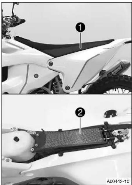 Technical diagram showing two views of a white motorcycle's front wheel and side panel, labeled with parts 1 and 2.