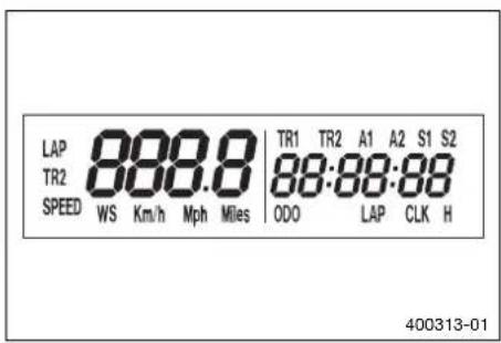 LAP 888.8 TR1 TR2 A1 A2 S1 S2 TR2 88:88:88 SPEED WS Km/h Mph Miles ODO LAP CLK H 400313-01