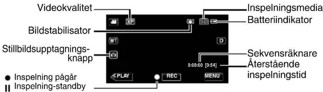 Videokvalitet Bildstabilisator Stillbildsupptagnings-knapp Inspeinningsmedia Batteriindikator Sekvensräknare Återstående inspelningstid 0:00:00 [0:54] << PLAY REC MENU Inspelning pågår Inspelning-standby