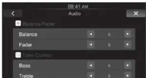 09:41 AM Audio Balance/Fader Balance 0 Fader 0 Tone Control Bass 0 Treble 0