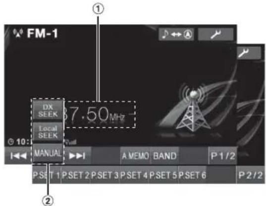 FM-1 DX SEEK 37.50MHz Local SEEK © 10: MANUAL A MEMO BAND P 1/2 P SET 1 P SET 2 P SET 3 P SET 4 P SET 5 P SET 6 P 2/2