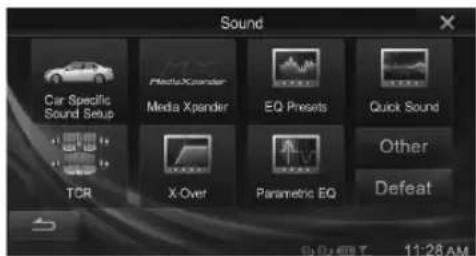 Sound Car Specific Sound Setup Media Xander Media Xpender EQ Presets Quick Sound TCR X-Over Parametric EQ Other Defeat 11:28 AM