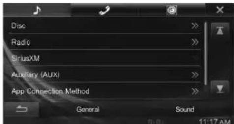 Disc Radio SiriusXM Auxiliary (AUX) App Connection Method General Sound 11:17 AM