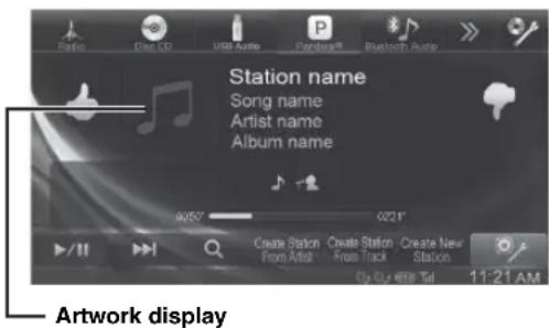Radio Clay CD USB Audio P Bluetooth Audio Station name Song name Artist name Album name 0257 0211" Create Station From Artist Create Station From Track Create New Station Op Sunday Tel 11:21 AM Artwork display