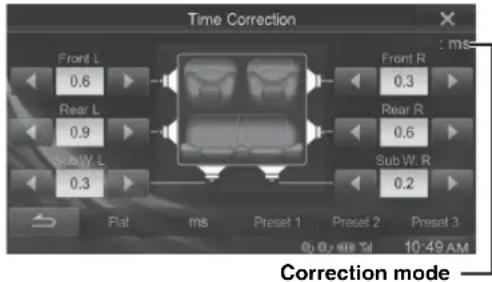 Time Correction Front L 0.6 Rear L 0.9 Sub W. L 0.3 Front R 0.3 Rear R 0.6 Sub W. R 0.2 Flat ms Preset 1 Preset 2 Preset 3 0, 0, 000 Td 10-49 AM Correction mode