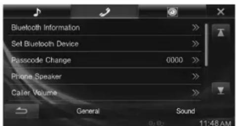 Bluetooth Information Set Bluetooth Device Passcode Change 0000 Phone Speaker Caler Volume General Sound 0.02 11:48 AM