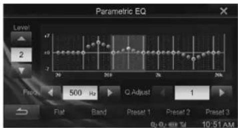 Parametric EQ Level 2 +7 -7 500 Hz Q Adjust 1 Flat Band Preset 1 Preset 2 Preset 3 G, G, H, H, T, 10:51 AM