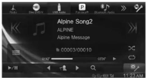 Alpine Song2 ALPINE Alpine Message 00003/00010 0142° 0836° ▶/II On: 2:00 AM 11:23 AM