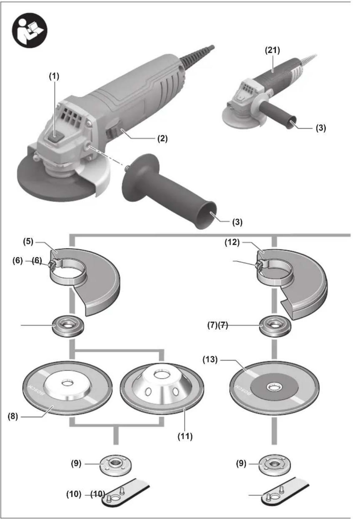 Exploded view diagram of a power tool with numbered parts for identification and assembly reference.