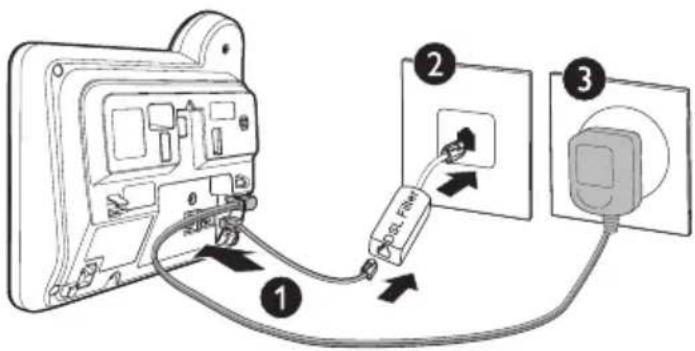Diagram showing cable connection to a wall-mounted device with labeled components and wiring connections