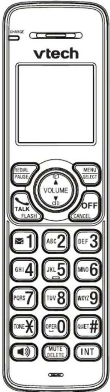 vtech CHARGE REDIAL PAUSE TALK FLASH VOLUME CID MENU SELECT OFF CANCEL 1 ABC 2 DEF 3 GHI 4 JKL 5 MNO 6 PQRS 7 TUV 8 WXYZ 9 TONE ✕ OPER 0 QUET # MUTE DELETE INT