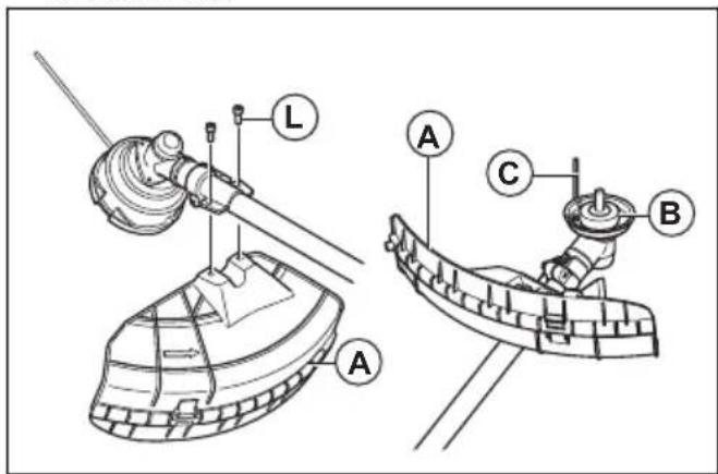 Technical diagram of a mechanical assembly with labeled parts A, B, C, and L