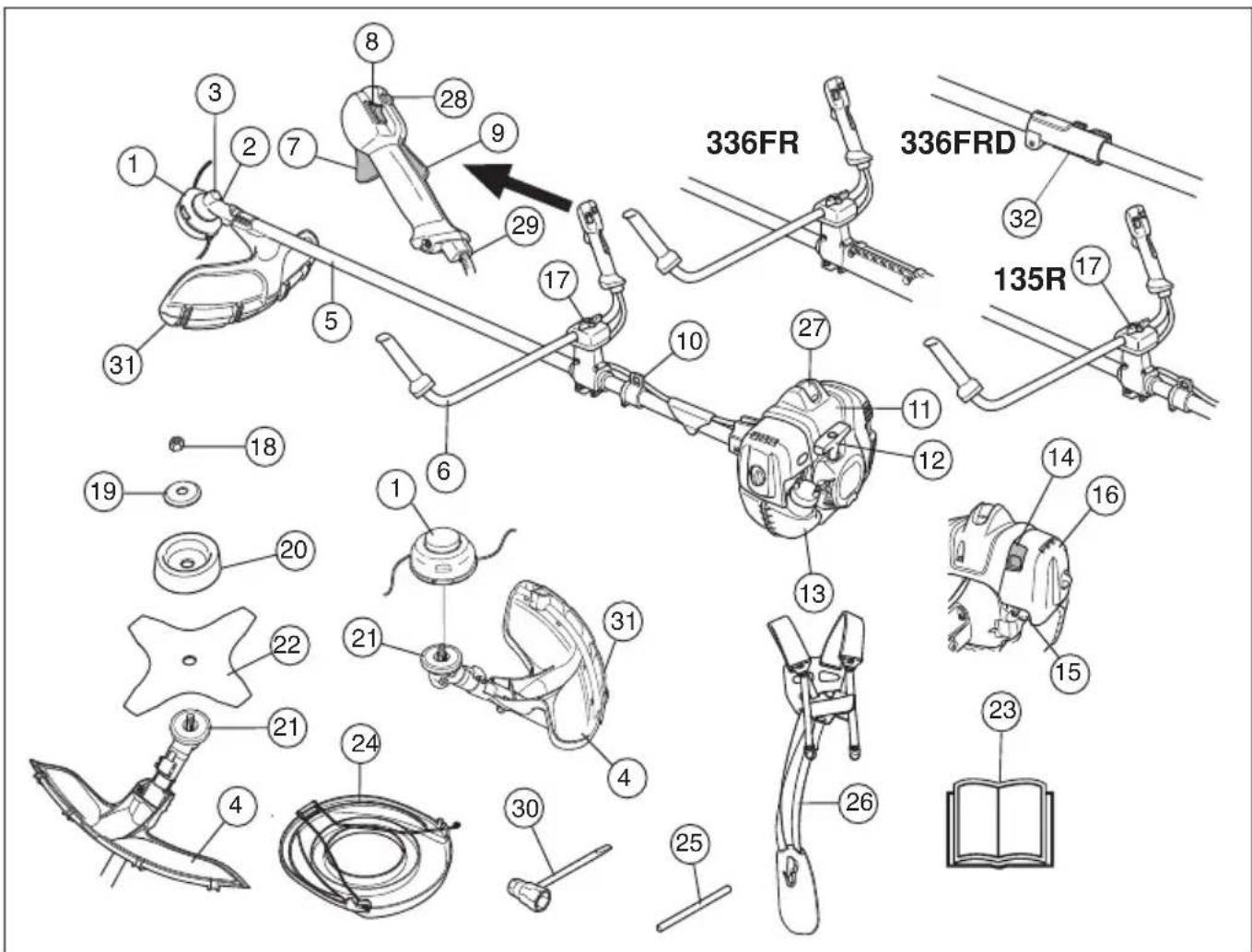 Technical diagram of a mechanical assembly with numbered components and labeled parts such as 336FR, 336FRD, and 135R.