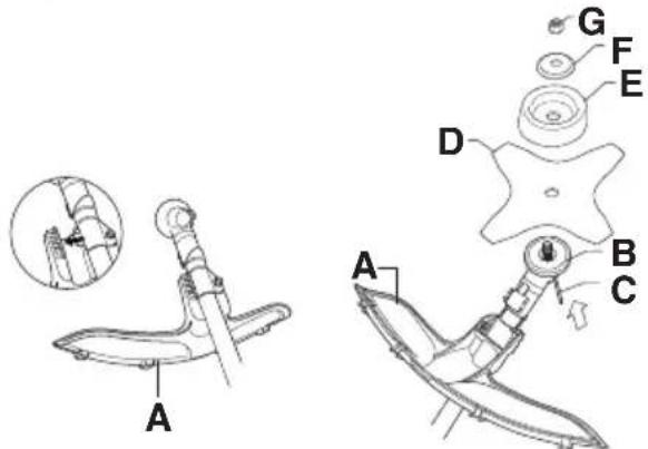 Technical diagram showing labeled parts of a mechanical device with sectional view A-A and component labels D, E, F, G, B, C.