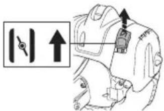 Diagram showing a mechanical assembly with an arrow indicating direction and a magnified detail of a component with a switch symbol.