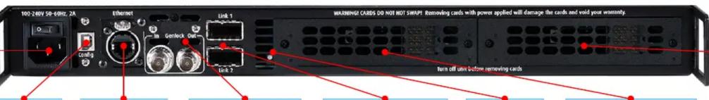 100-240V 50-69Hz, 2A Ethernet Link 1 WARNING CARDS DO NOT NOT SWAPI. Removing cards with power applied will damage the cards and void your warranty. Link 2 Turn off units before removing cards