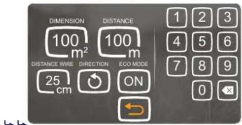 DIMENSION 100 m² DISTANCE 100 m DISTANCE WIRE DIRECTION ECO MODE 25 cm ON 1 2 3 4 5 6 7 8 9 0 ×