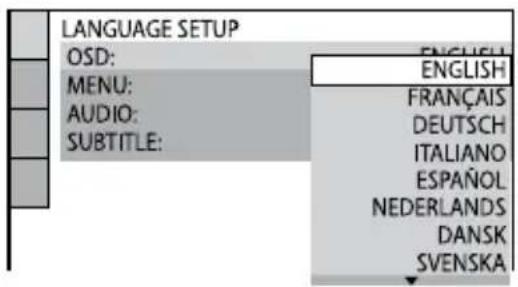 LANGUAGE SETUP OSD: MENU: AUDIO: SUBTITLE: ENGLISH FRANÇAIS DEUTSCH ITALIANO ESPAÑOL NEDERLANDS DANSK SVENSKA