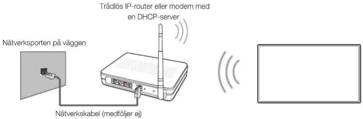 Nätverksporten på väggen Trådlös IP-router eller modem med en DHCP-server Nätverkskabel (medföljer ej)