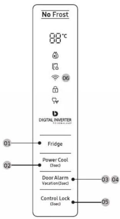 No Frost 80°C DIGITAL INVERTER TECHNOLOGY Fridge Power Cool (3sec) Door Alarm Vacation (3sec) Control Lock (3sec)