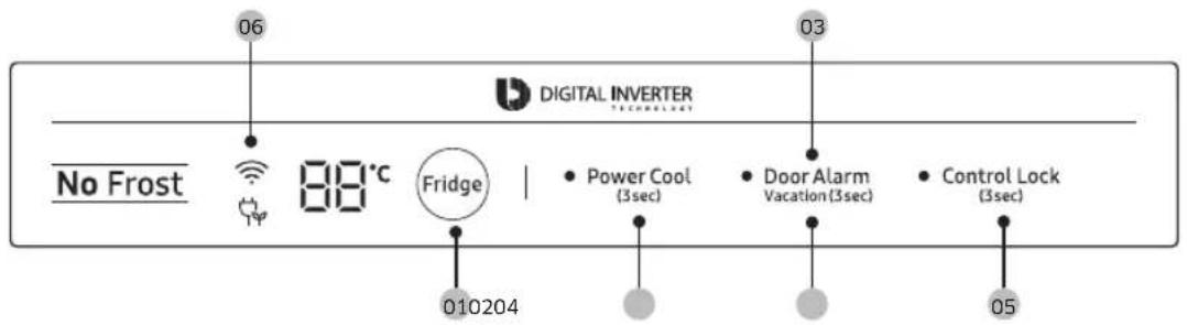 06 DIGITAL INVERTER TECHNOLOGY No Frost 88°C Fridge 03 Power Cool (3sec) Door Alarm Vacation(3sec) Control Lock (3sec) 010204 05