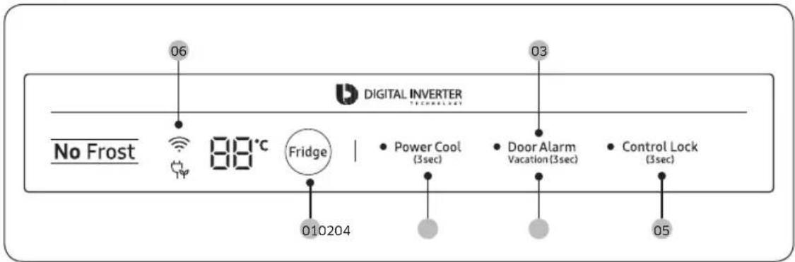 No Frost 06 88°C Fridge 010204 03 DIGITAL INVERTER TECHNOLOGY Power Cool (3sec) Door Alarm Vacation(3sec) Control Lock (3sec)
