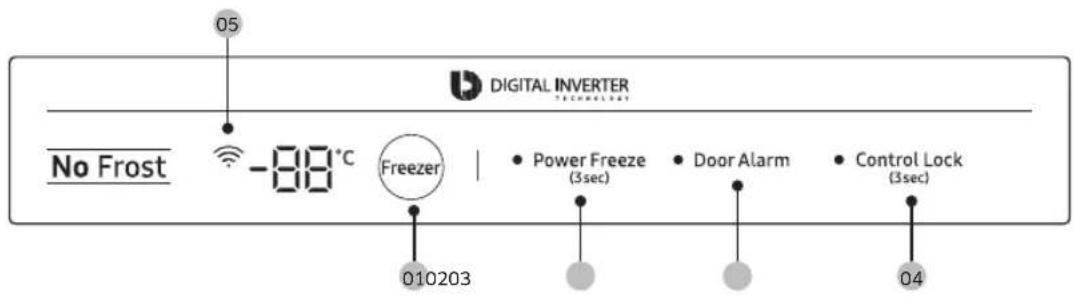 05 DIGITAL INVERTER TECHNOLOGY No Frost -88°C Freezer | • Power Freeze (3sec) • Door Alarm • Control Lock (3sec) 010203 04