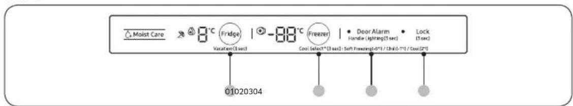 Moist Care 8°C Fridge | -88°C Freezer | Door Alarm Handle Lighting(3 sec) Lock (3 sec) Variation(3 sec) Cool Select*(3 sec): Soft Freezing(0-1)/ Chill(-1-1)/ Cool(2+) 01020304