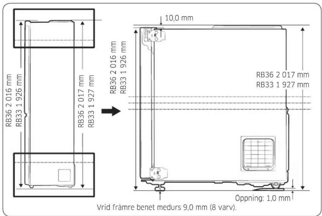 RB36 2 017 mm RB33 1 927 mm RB36 2 016 mm RB33 1 926 mm 10,0 mm Öppning: 1,0 mm Vrid främre benet medurs 9,0 mm (8 varv.) RB36 2 017 mm RB33 1 927 mm RB36 2 016 mm RB33 1 926 mm