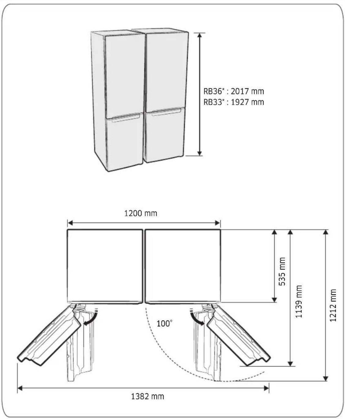 RB36*: 2017 mm RB33*: 1927 mm 1200 mm 535 mm 1139 mm 1212 mm 100° 1382 mm
