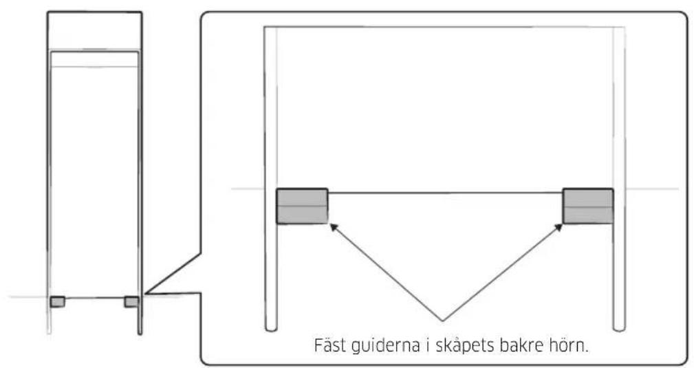 Fäst guiderna i skåpets bakre hörn.